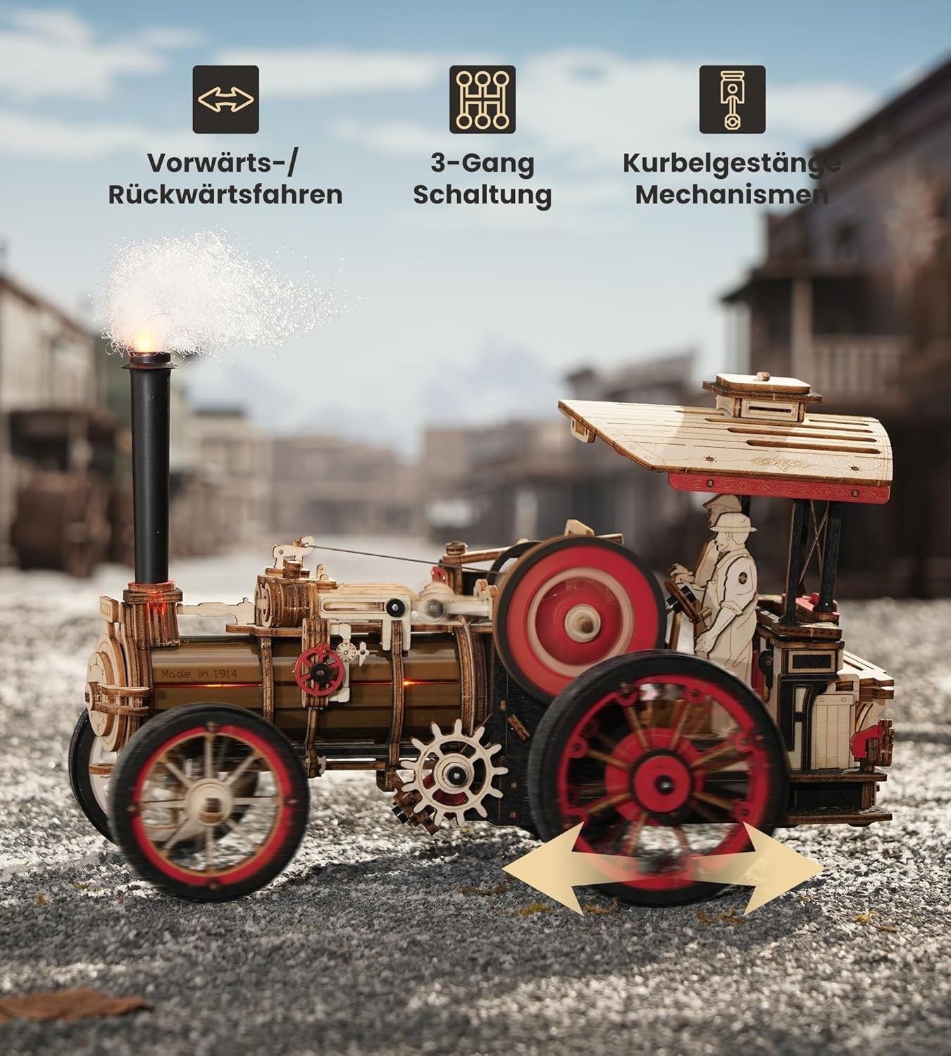 3D Wooden Steam Tractor Model Kit with Moving Parts – Vintage Gift