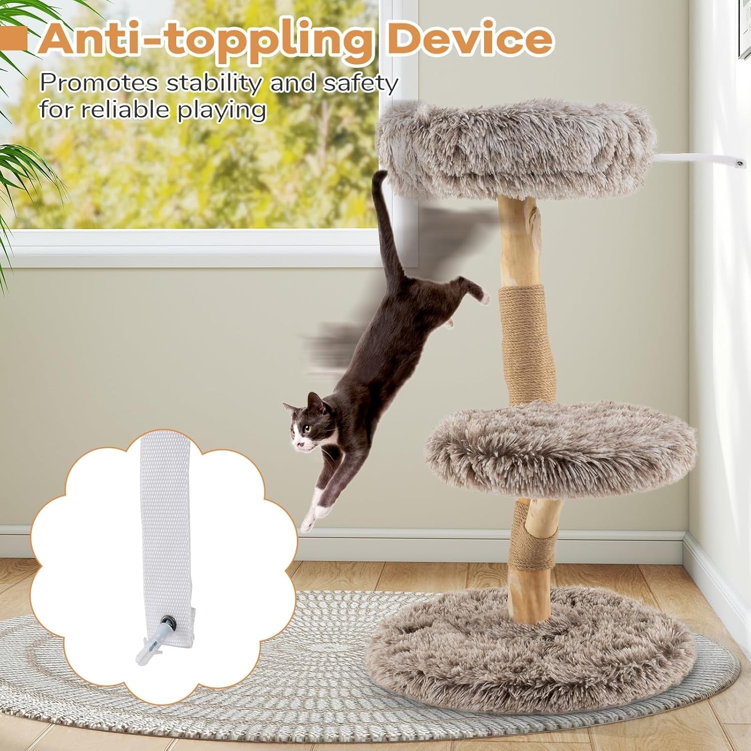 Solid Wood Cat Tree Grey Plush 90cm Multi Level Scratching Post Indoor