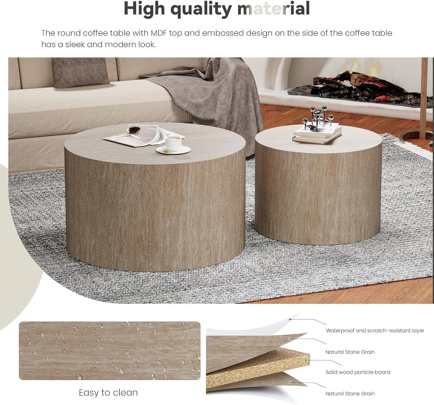 Round Nesting Coffee Table Set of 2 Modern Wood Side End Tables Living Room Beig