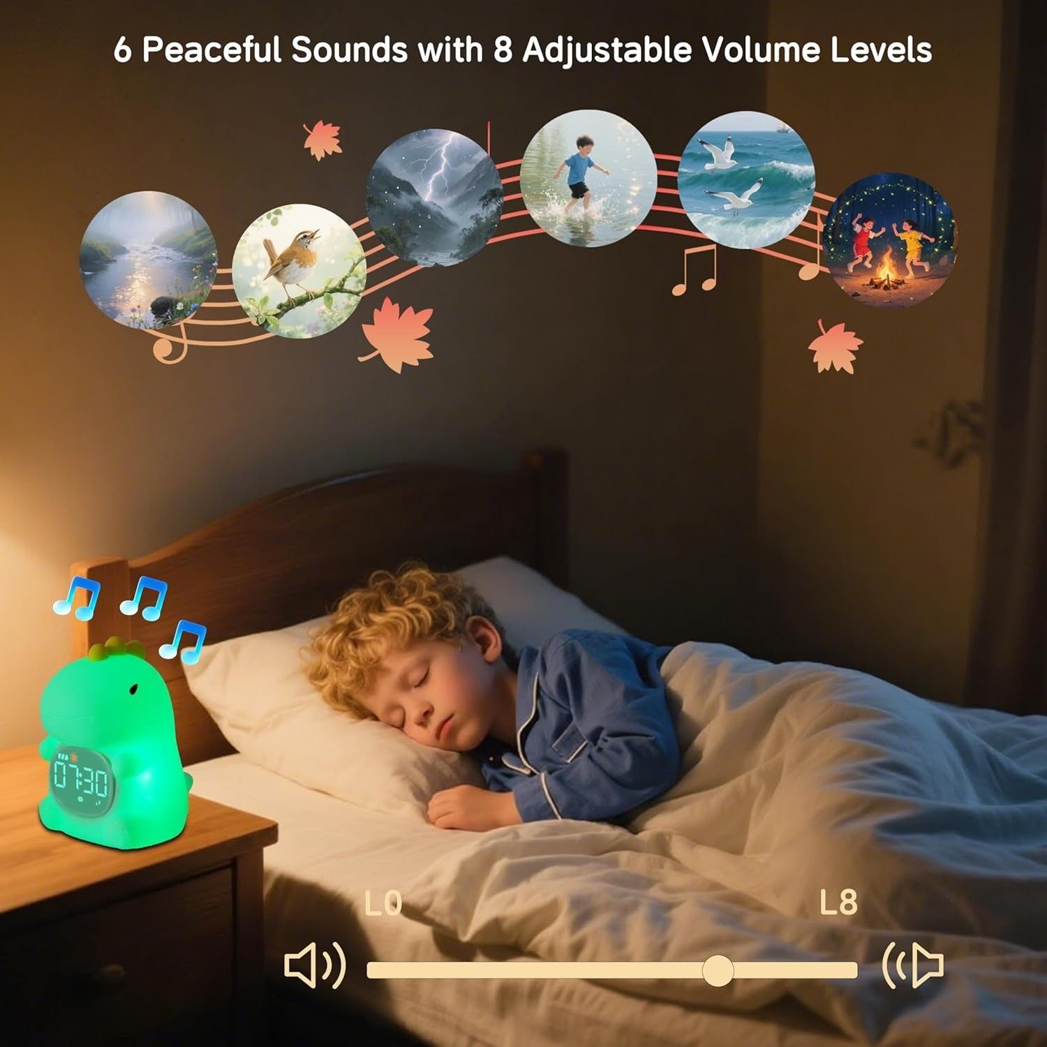 Kids Dinosaur Alarm Clock Night Light Sleep Trainer White Noise Table Lamp