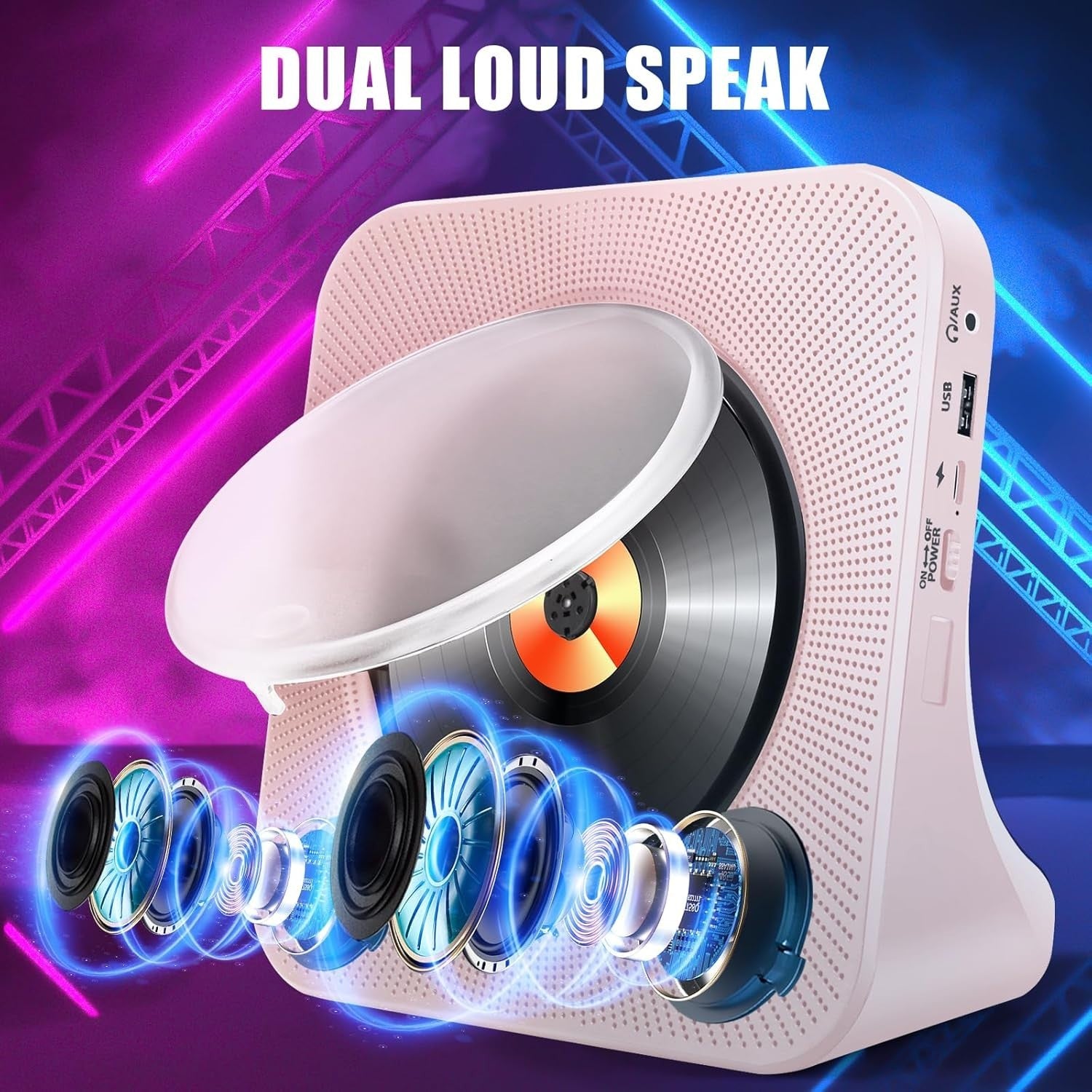 Pink Bluetooth CD Player FM Radio USB AUX HiFi Speakers Remote LED
