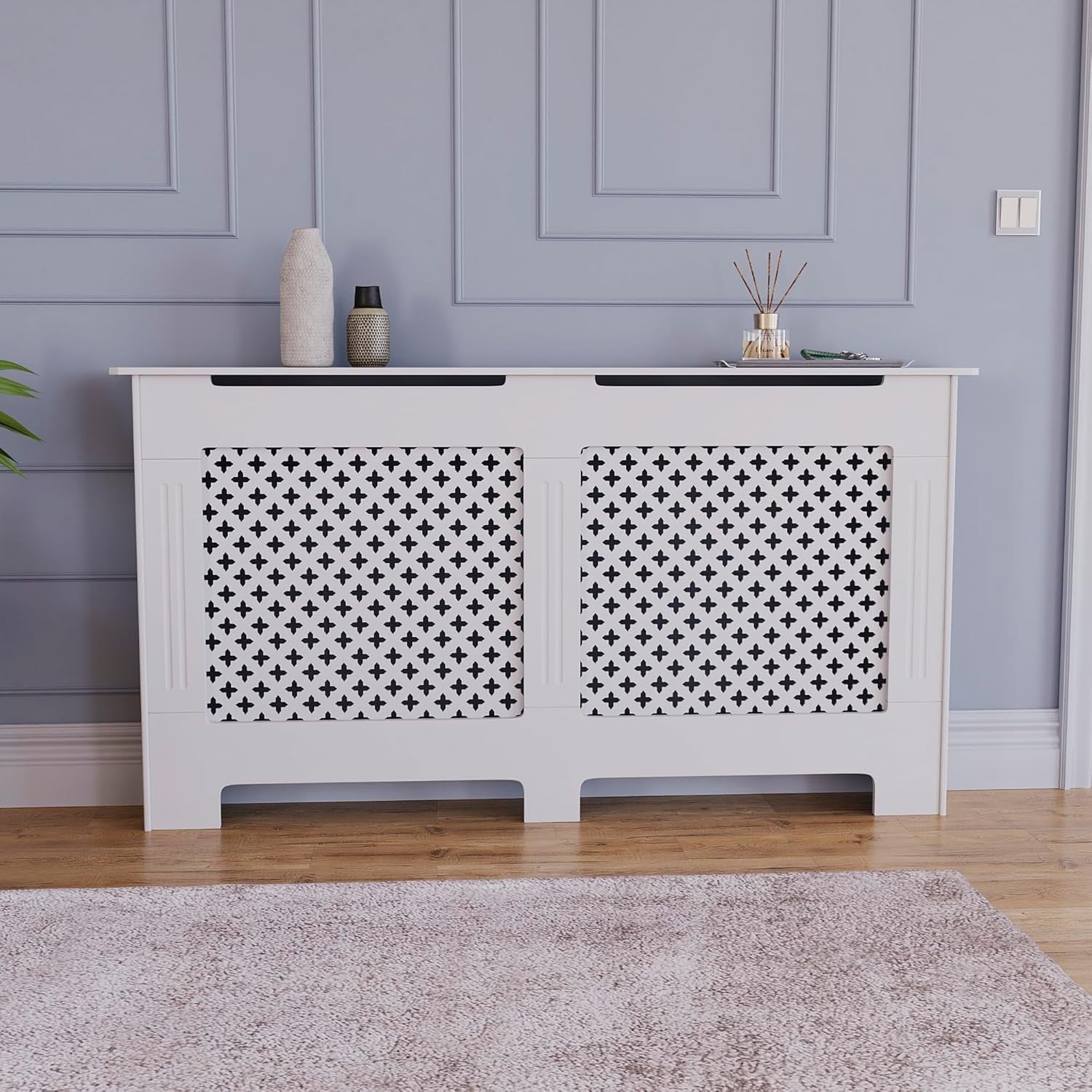 Large White Radiator Cover | Traditional Cross Pattern MDF Cabinet