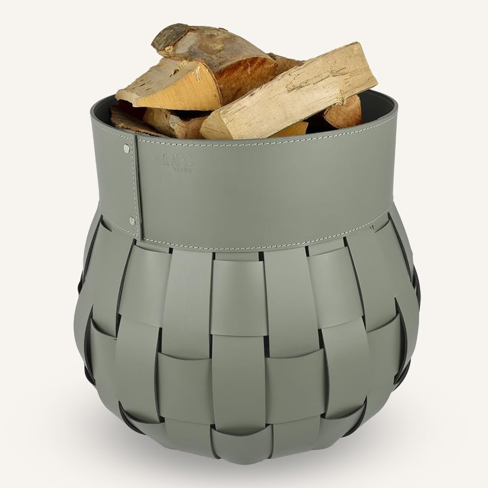 Dark Grey Leather Firewood Basket with Wheels – Indoor Log Holder, 45x45x48 cm