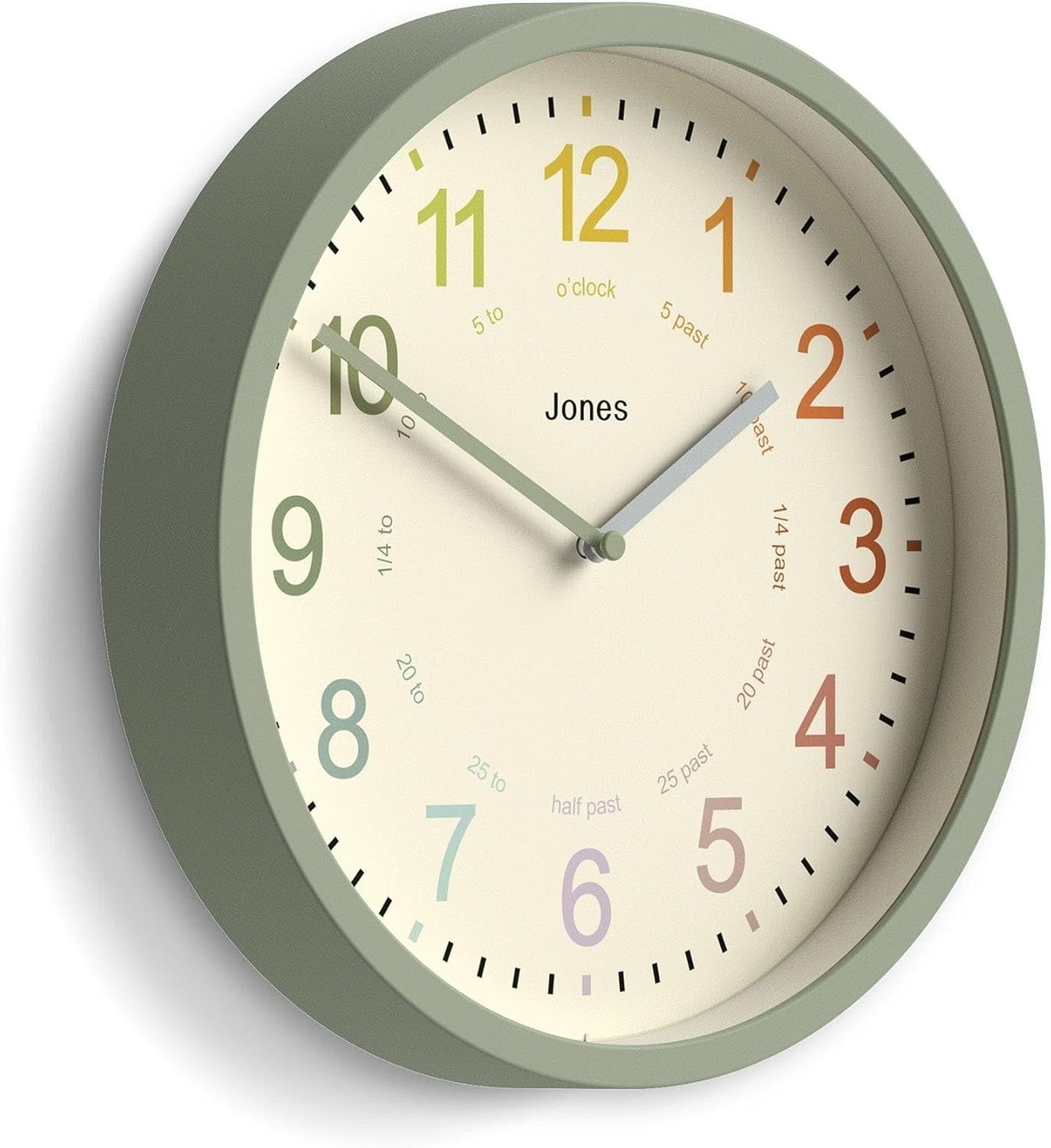 25cm Kids Wall Clock – Silent Non-Ticking Sage Green Colourful Numbers Learn Tim