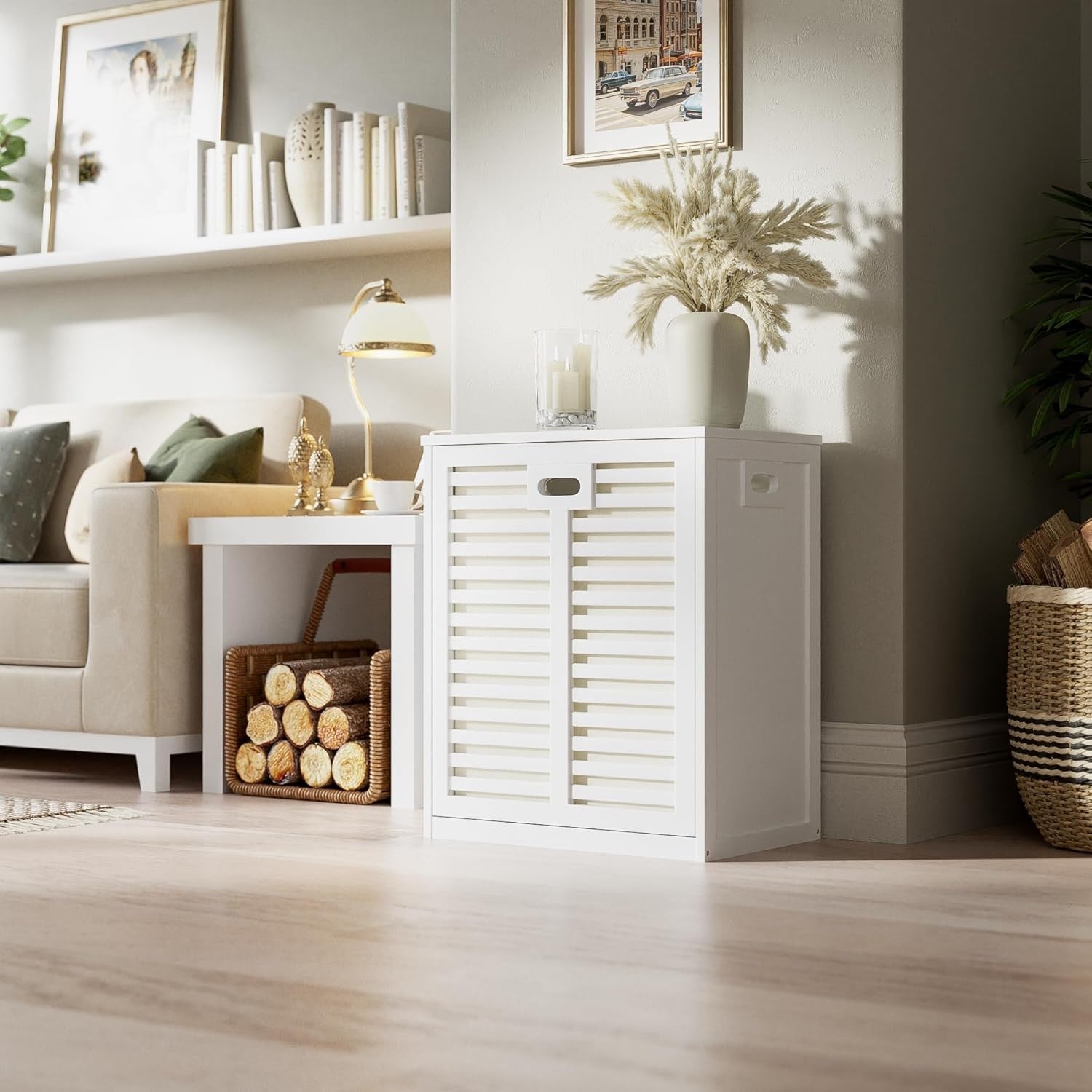 White Bamboo Tilt Out Laundry Hamper Cabinet with Hidden Basket Storage