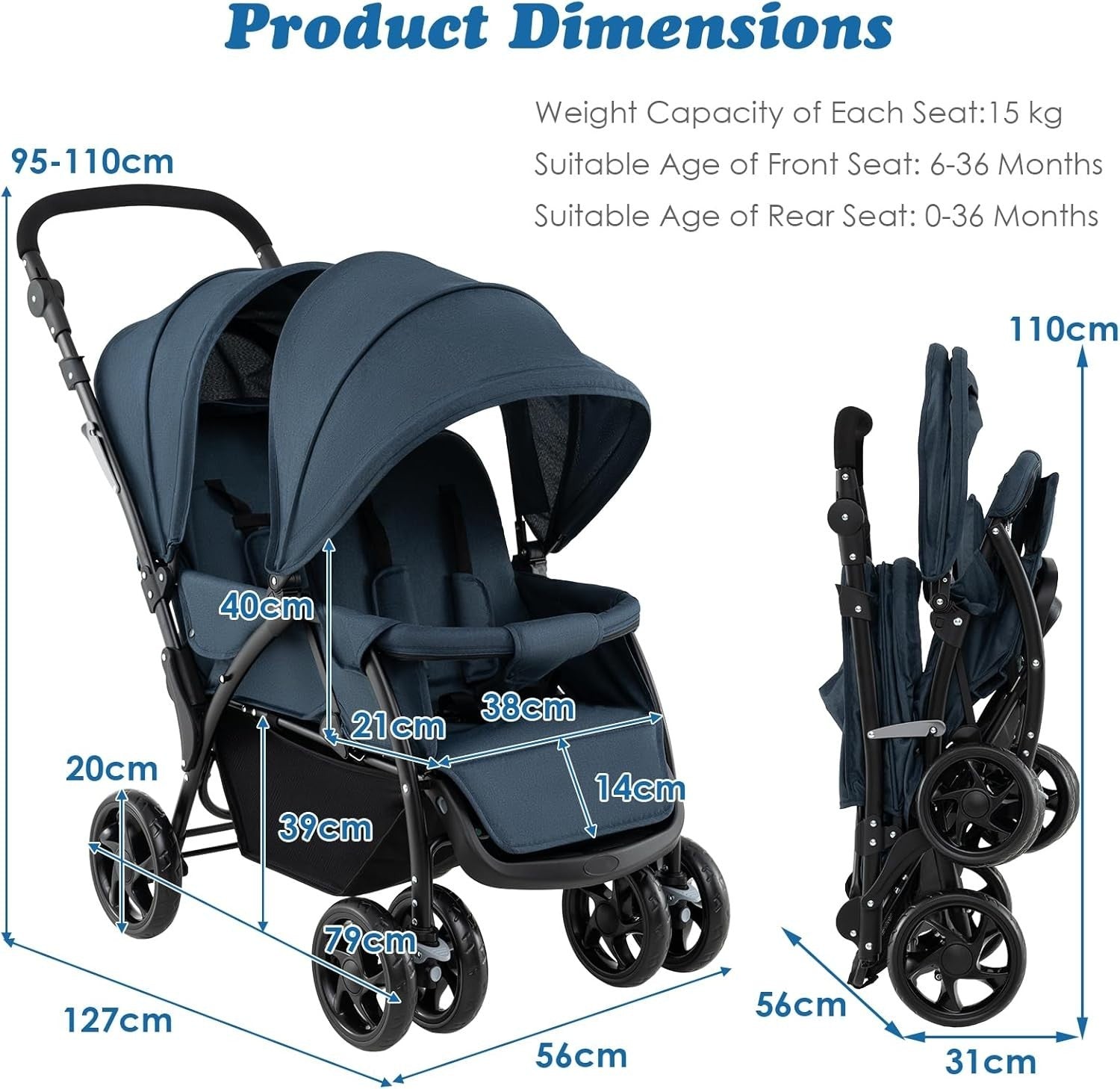 Navy Blue Double Baby Stroller Tandem Pushchair Foldable 30kg