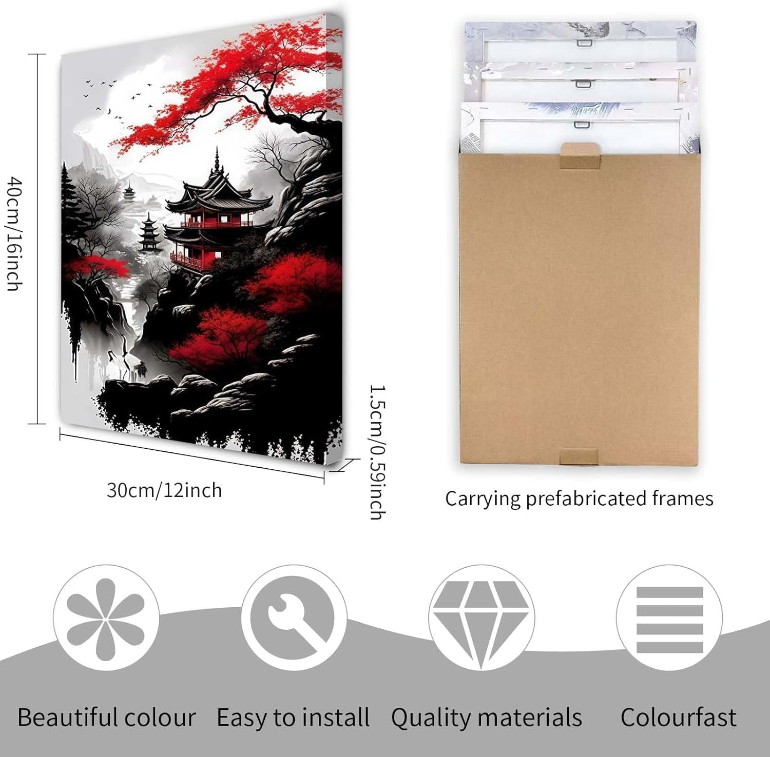 Japanese Style Canvas Wall Art Set of 3 Framed Prints 12x16 Modern Decor