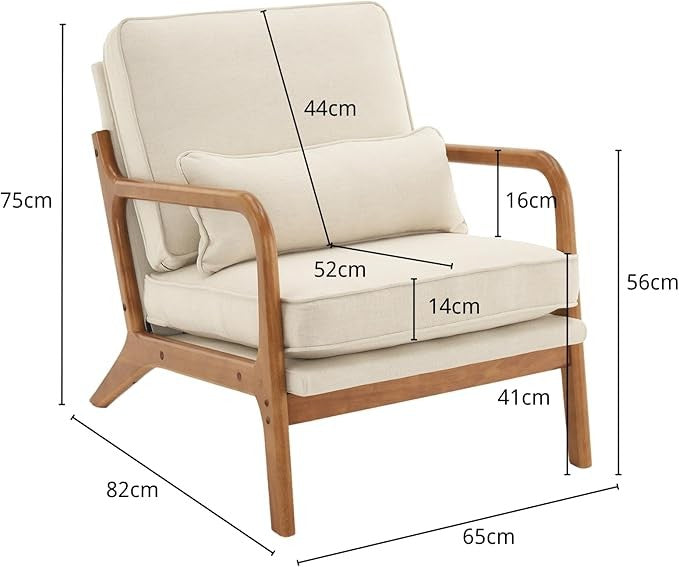 Beige Linen Armchair with Oak Arms & Lumbar Pillow Tub Chair