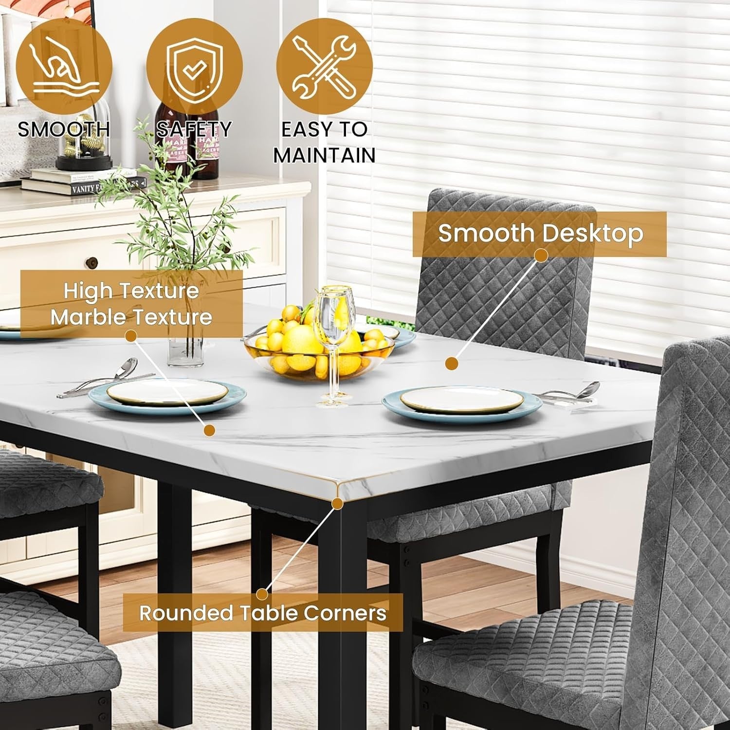 4 Seater Dining Table Set Marble Effect Top & Velvet Chairs Modern Small