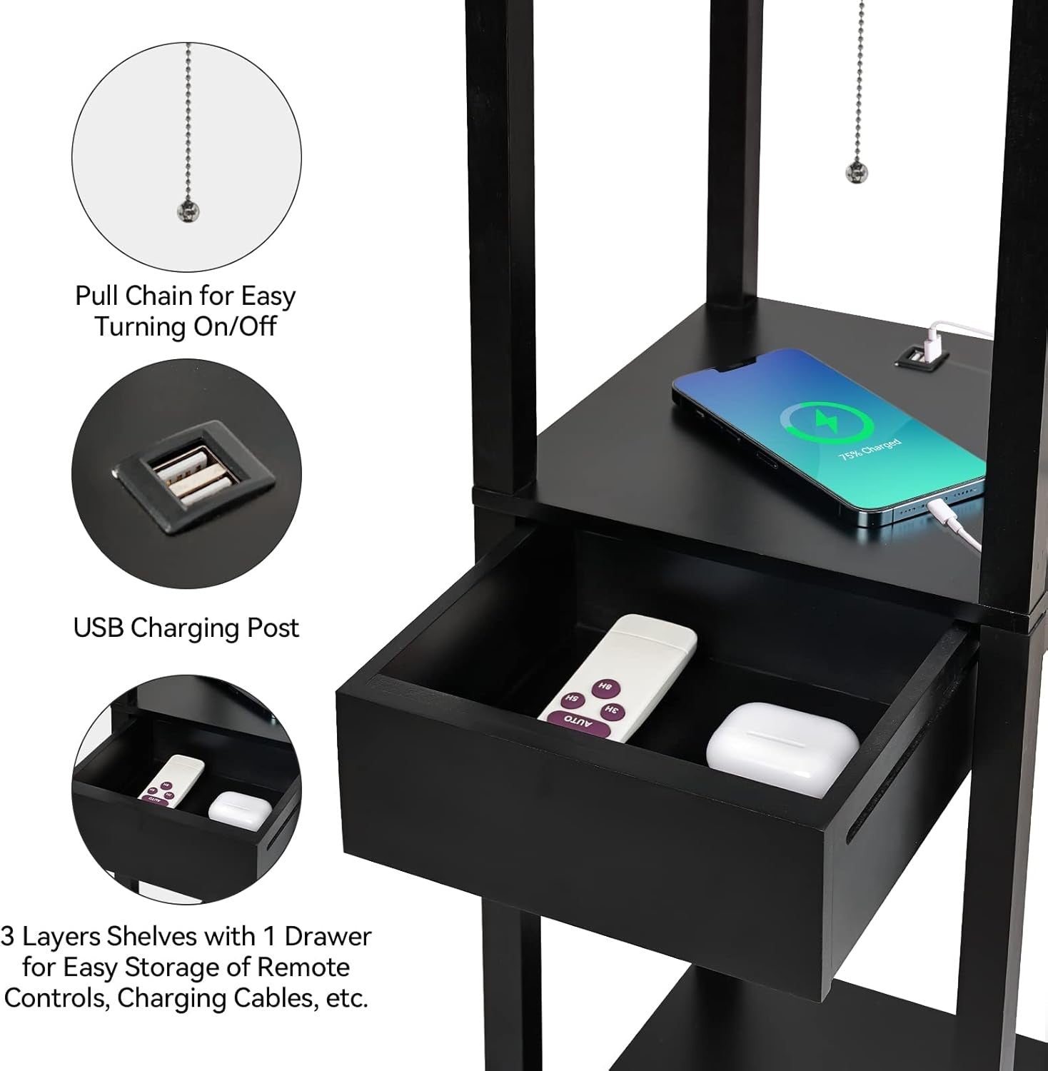 Floor Lamp with Shelves USB Charging Drawer Modern Reading Light Black