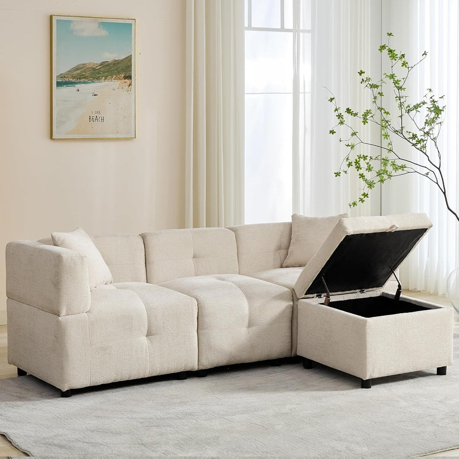 L Shape 3 Seater Sofa Bed with Storage Ottoman Beige Corner Couch Home
