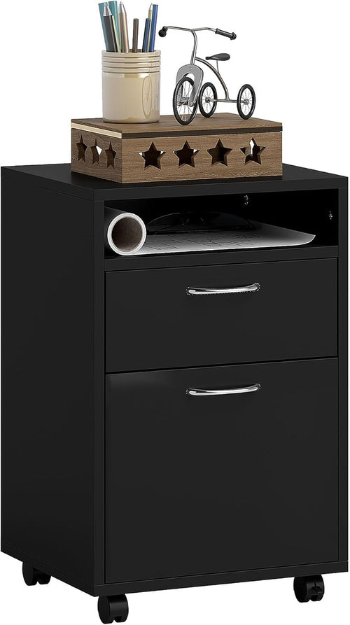 Black Mobile Filing Cabinet with Wheels Drawer Storage Home Office Without Key