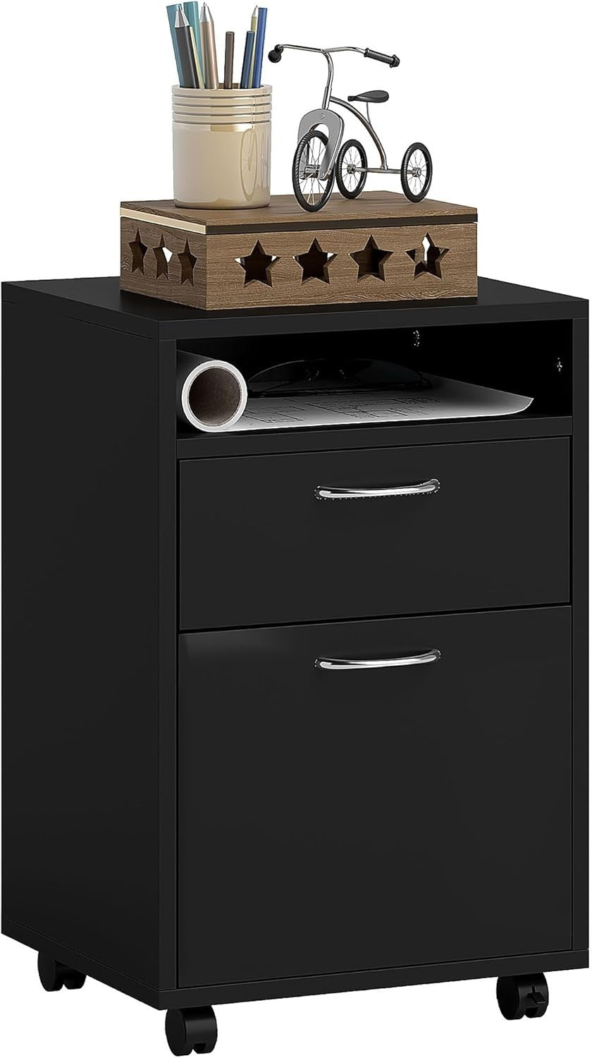 Black Mobile Filing Cabinet with Wheels Drawer Storage Home Office Without Key
