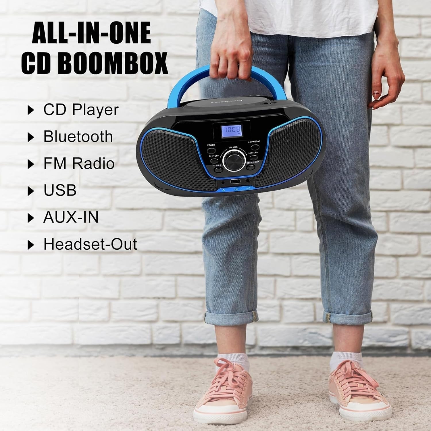 Portable Boombox CD Player Bluetooth FM Radio USB AUX Stereo Blue