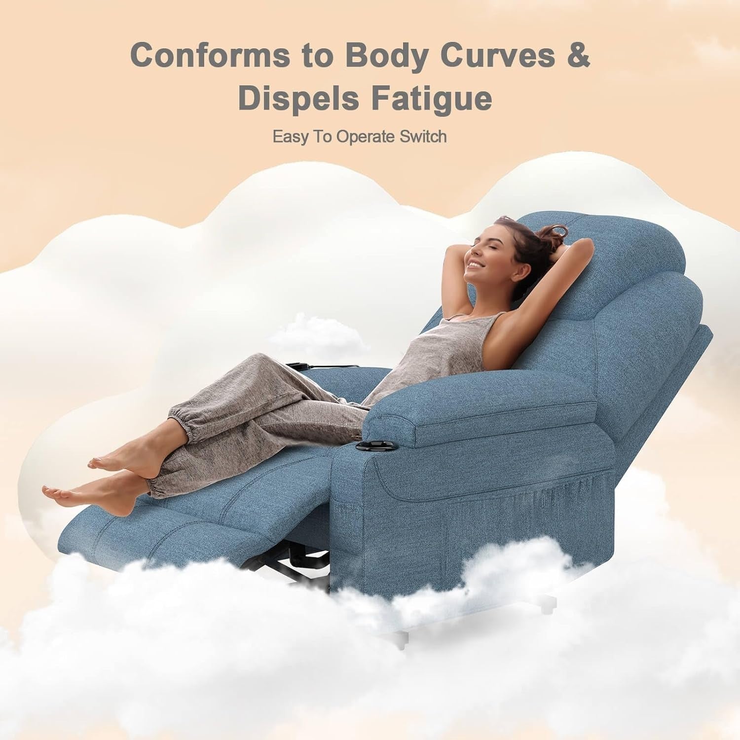 Power Lift Recliner Chair Massage Heat USB Type-C Cup Holders Fabric Blue Grey
