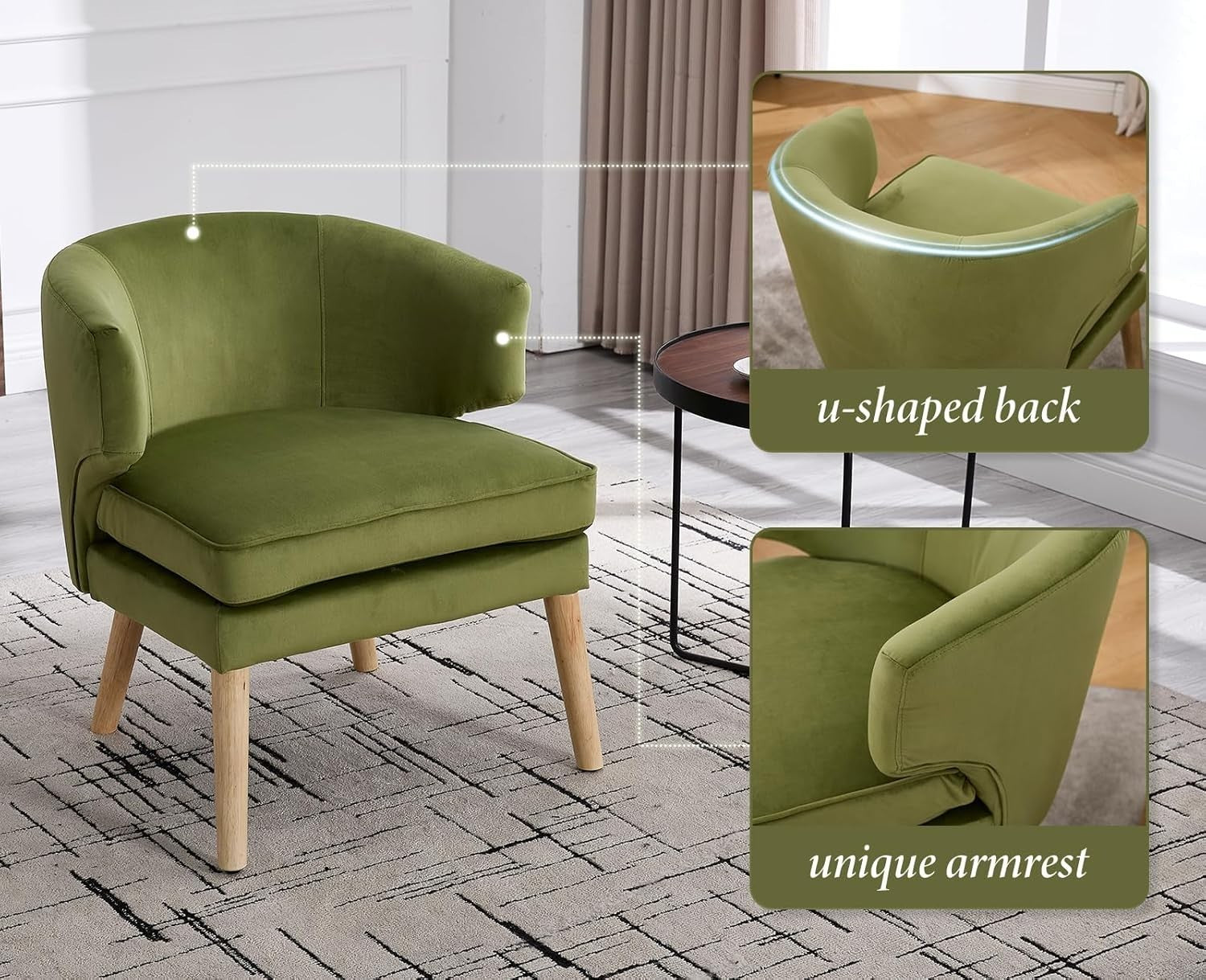 Green Velvet Accent Chair Tub Seat Armchair with Solid Wood Legs, Cozy Lounge