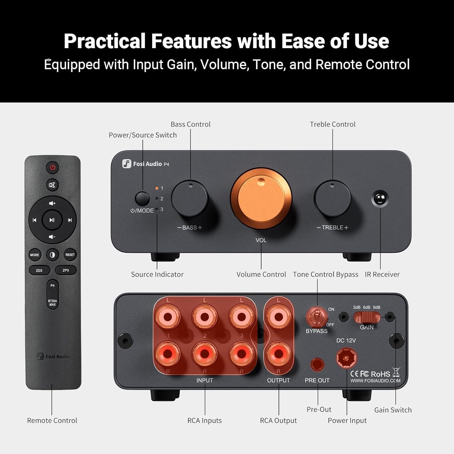 Mini Stereo Preamp 3 RCA Inputs Volume Bass Treble Adjustable Gain