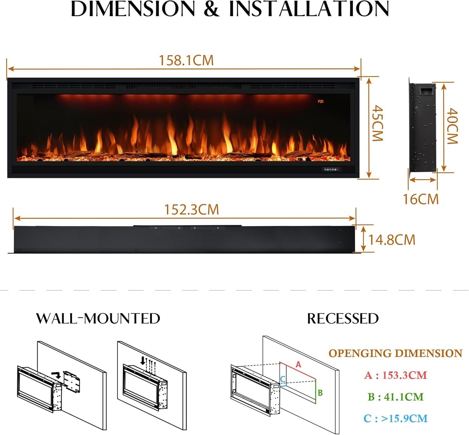 60" Electric Wall-Mounted Fireplace Heater w/ Remote, Multicolor Flames