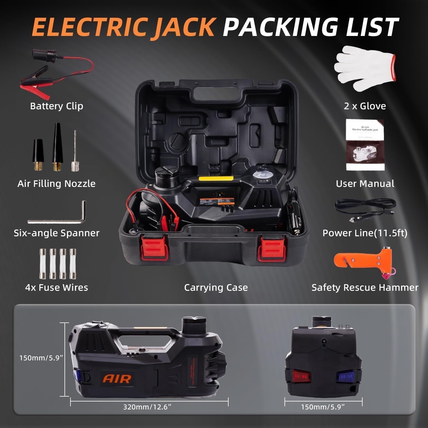 5 Ton Electric Hydraulic Car Jack 12V with Air Pump & Pressure Gauge 15–45cm