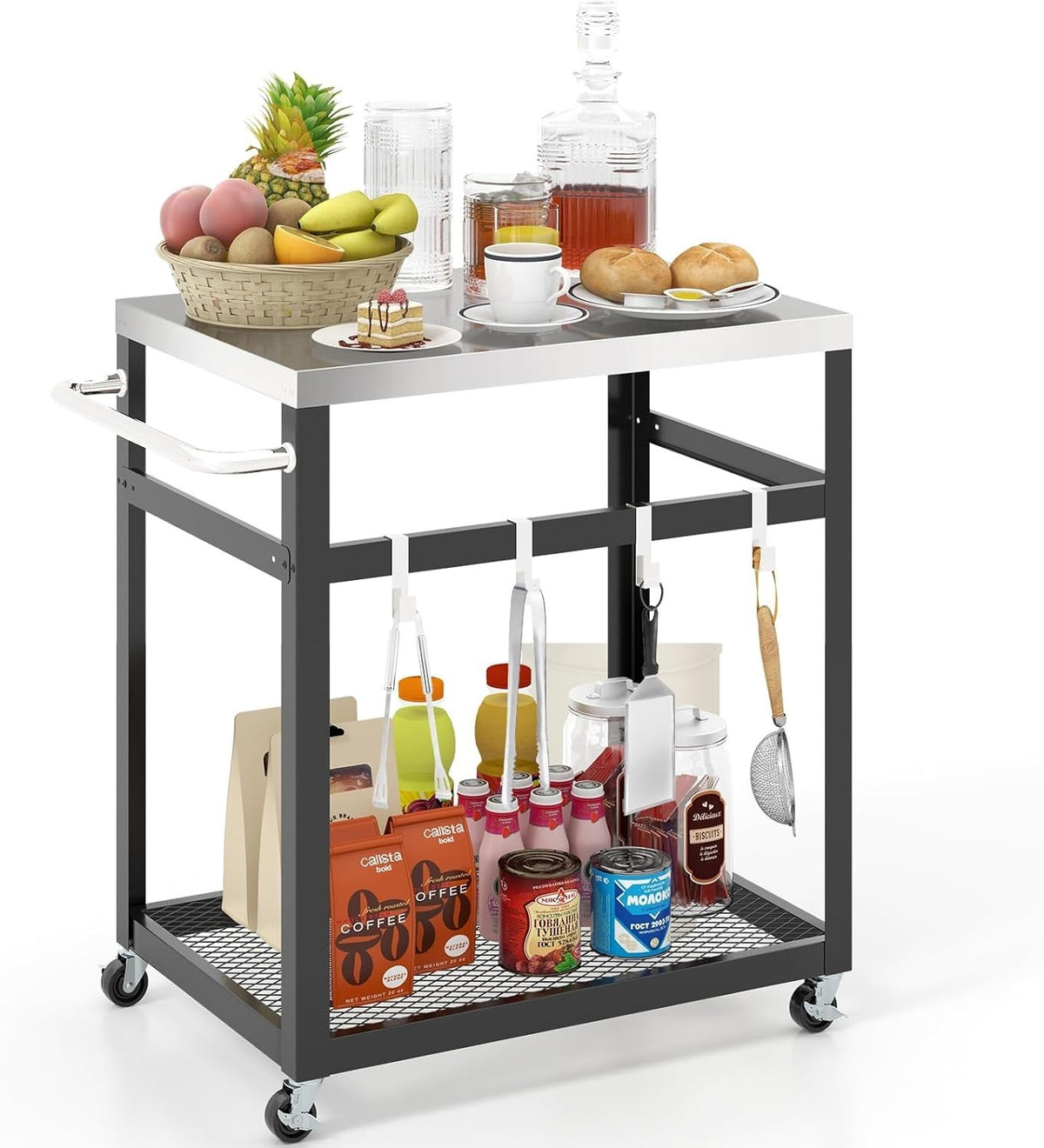 Outdoor BBQ Grill Cart Pizza Oven Stand 2-Tier Stainless Steel Top Trolley 84x50