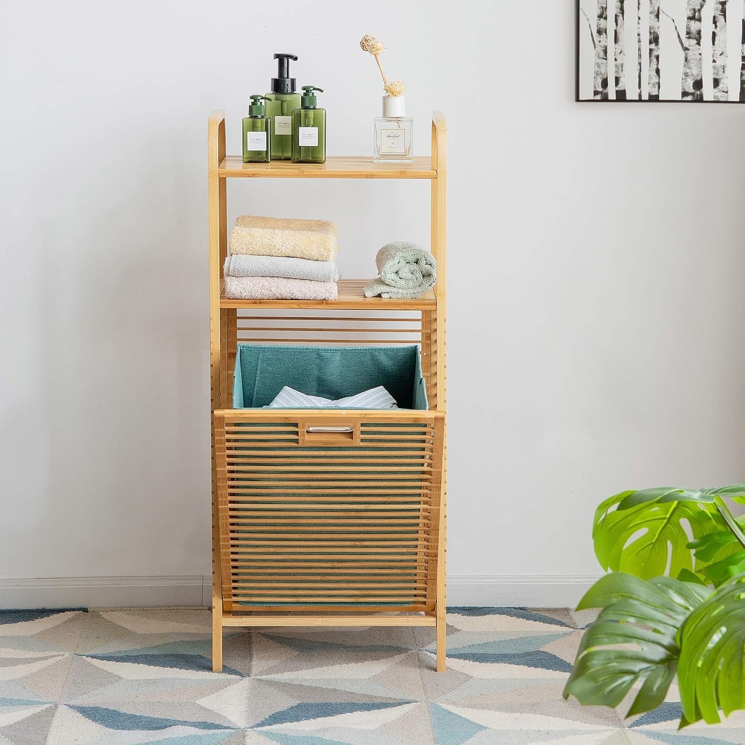 Bamboo Tilt-Out Laundry Hamper with 2 Shelves | Removable Bag | 40×33×95cm