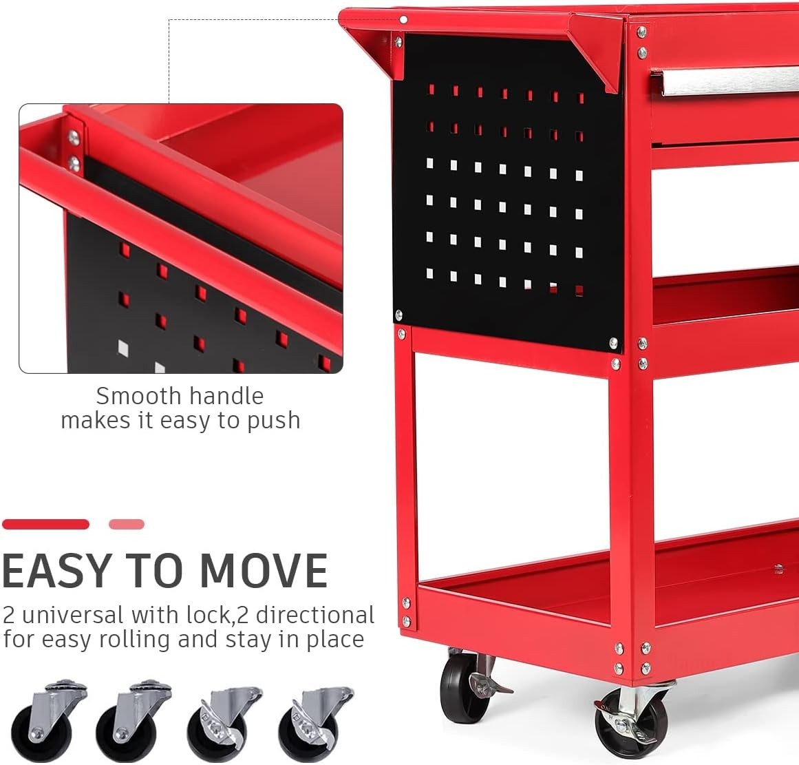 Heavy Duty Red 3-Tier Garage Tool Storage Trolley w/ Locking Wheels 35x82x76cm
