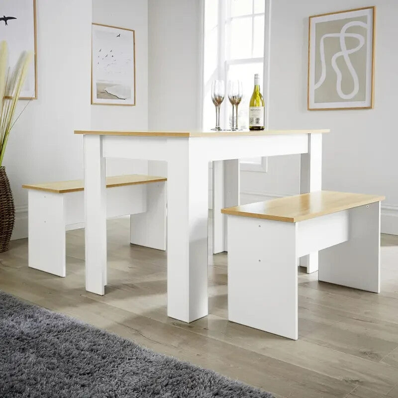 3 Piece Dining Table Set White Frame & Oak Top with 2 Wooden Benches Space