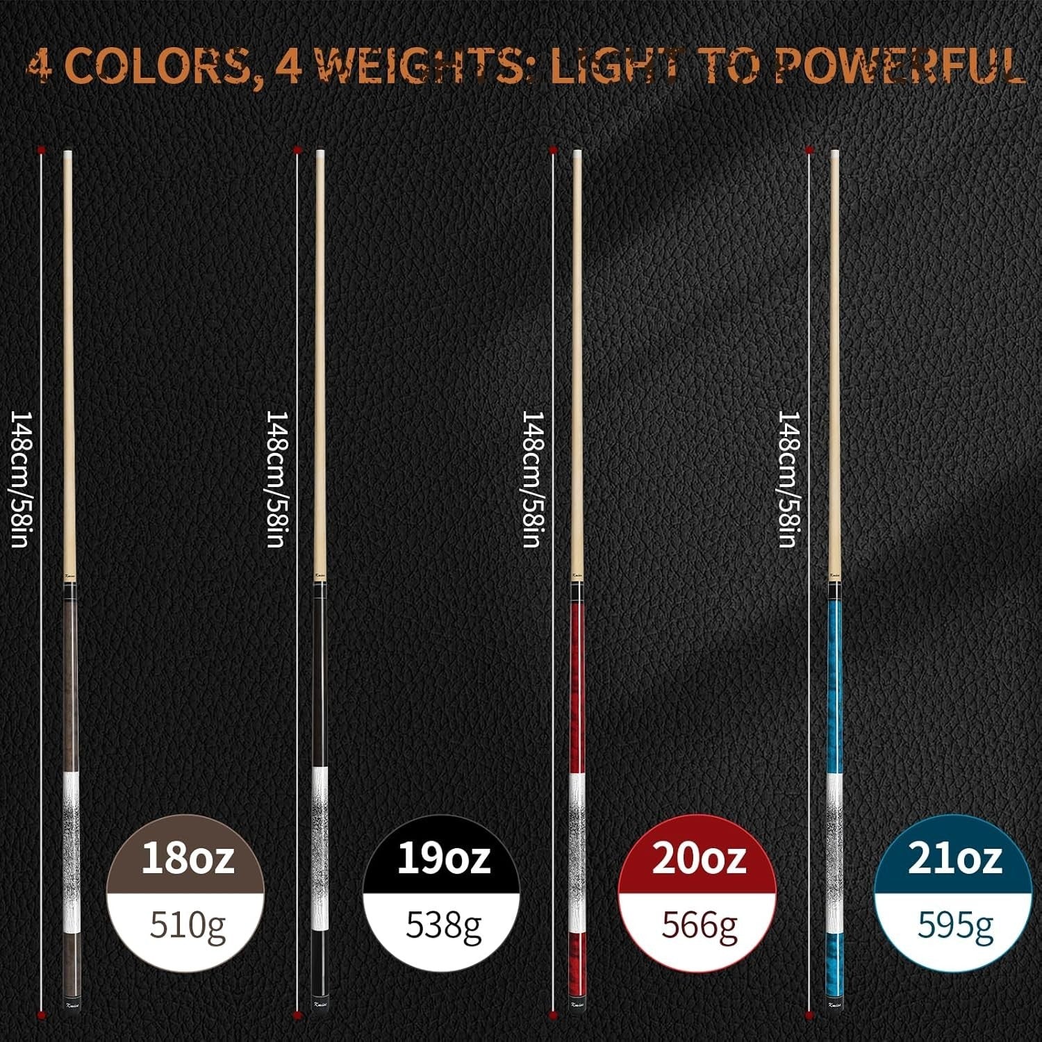 58in Low Deflection Pool Cue Maple Shaft 13mm Tip 3D Grip 18oz