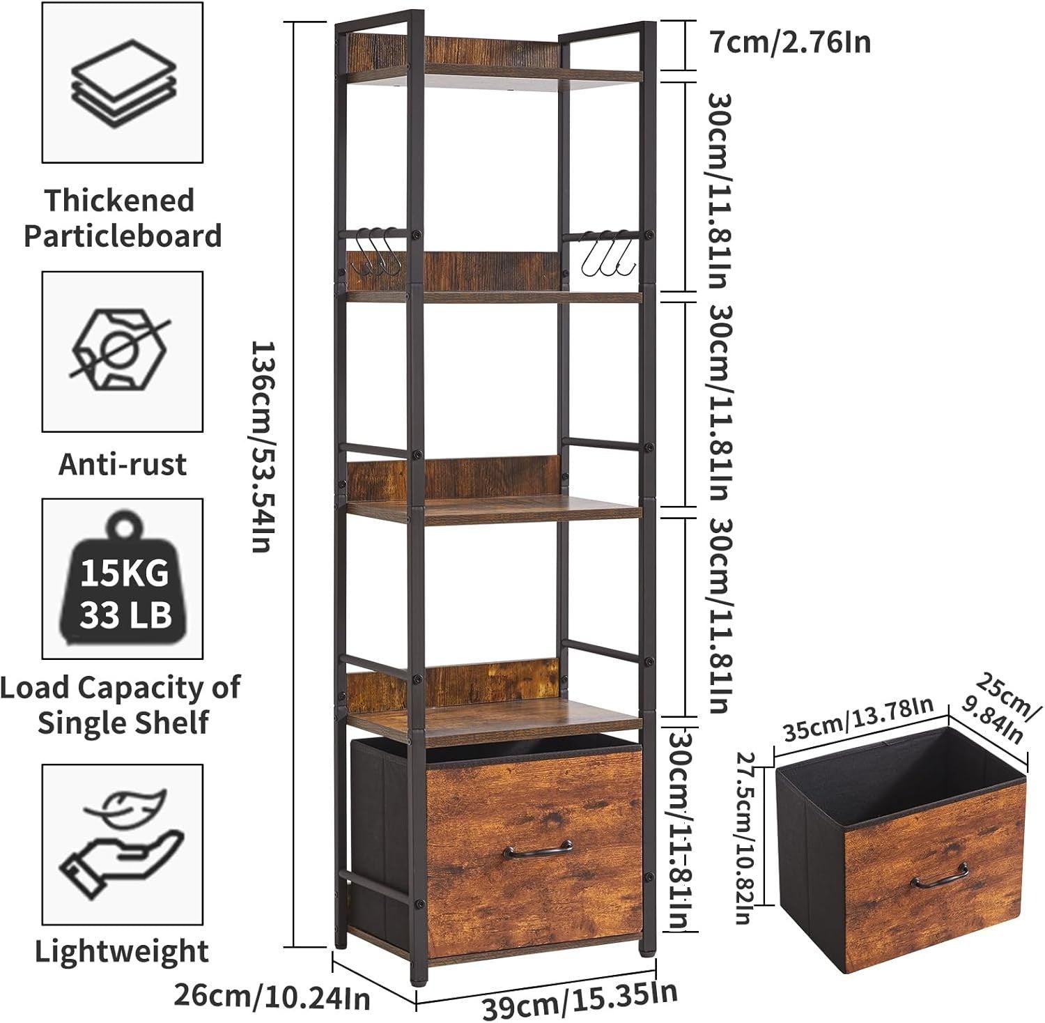 5 Tier Industrial Bookcase with Fabric Drawers Metal Frame Rustic Brown