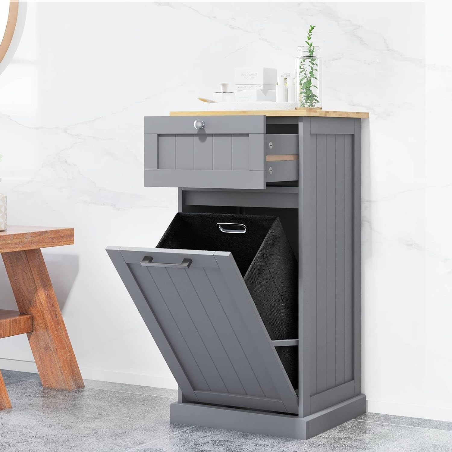 Grey Tilt-Out Laundry Hamper Cabinet with Drawer 30L Basket Bathroom Unit