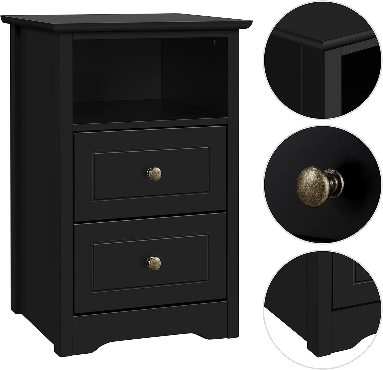 Black Bedside Tables Set of 2 – Wooden Nightstands with Drawers & Shelf