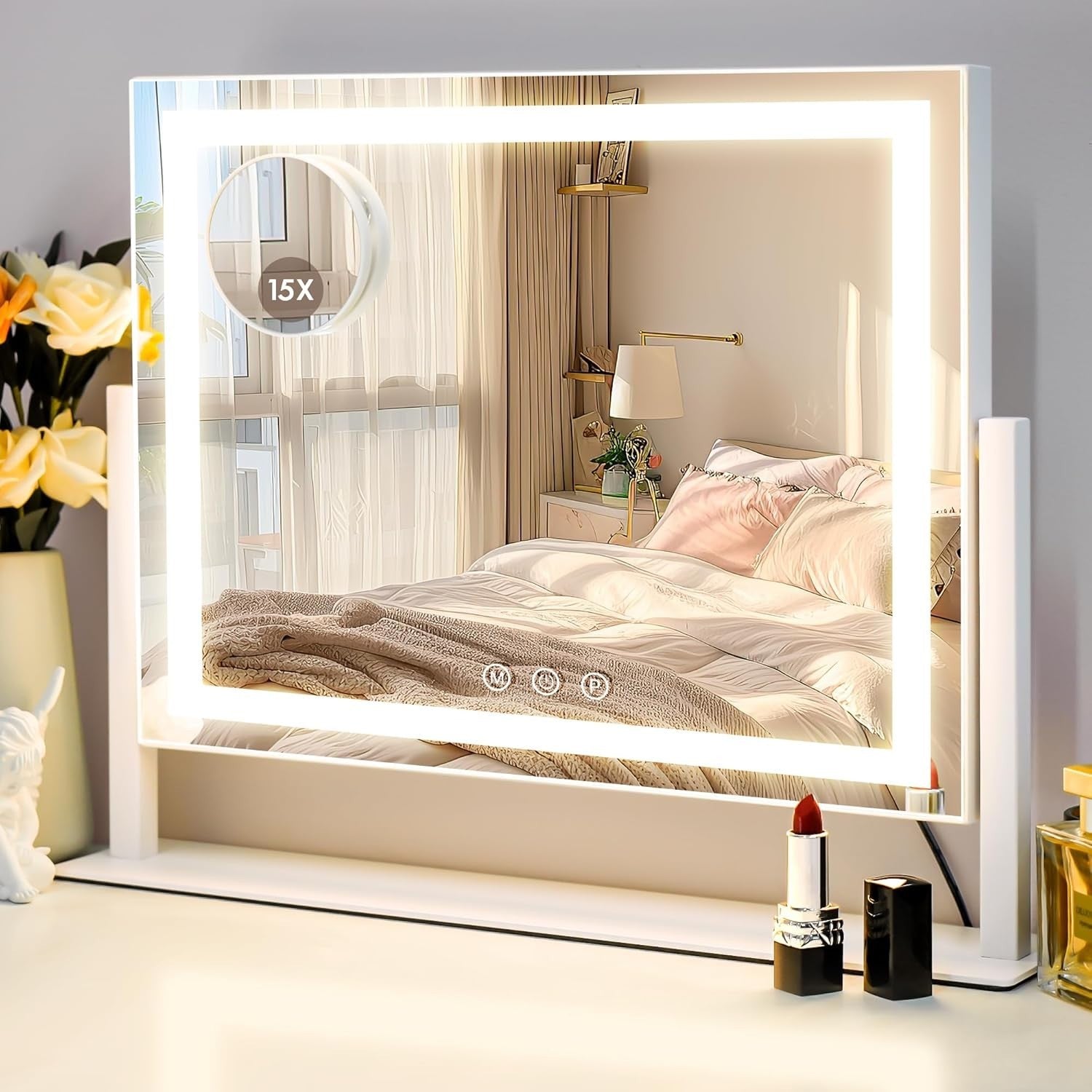 LED Vanity Mirror 40x30cm with Touch Dimming, 15X Magnification, 360°