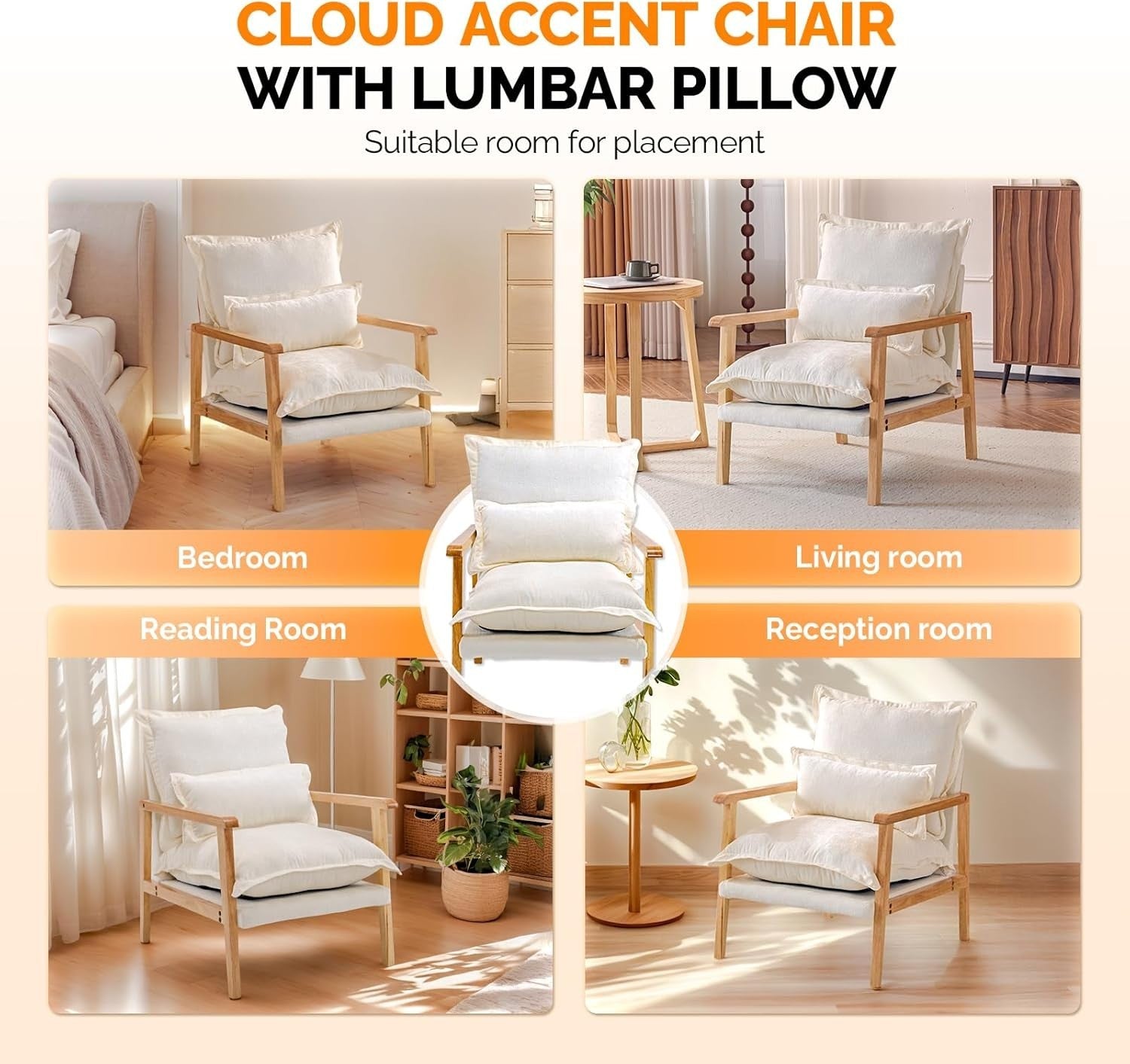 Cozy Mid-Century Modern Wooden Armchair with Lumbar Pillow & Thick Cushion