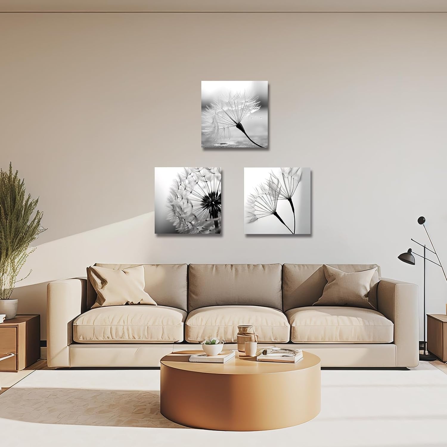 3-Piece Black & White Dandelion Canvas Wall Art 12"x12" Framed