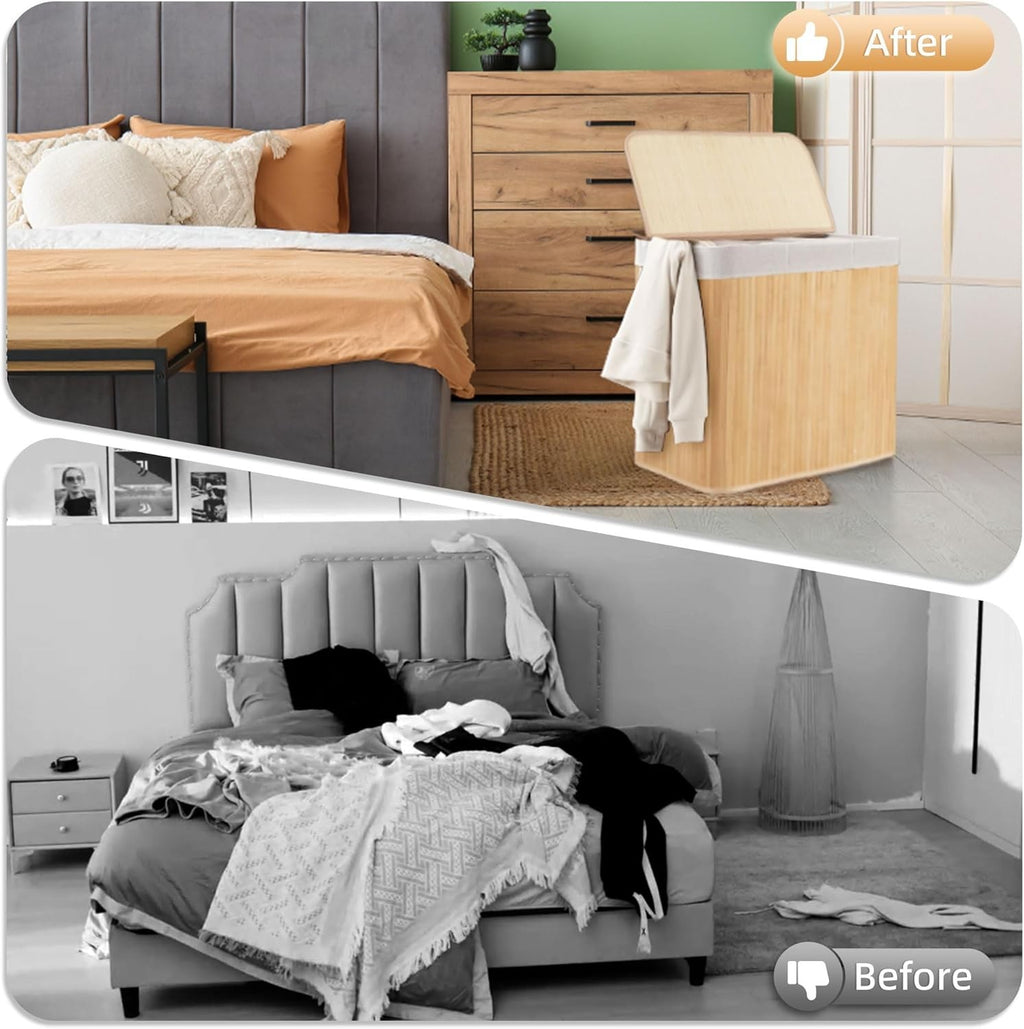 100L Bamboo Laundry Hamper with Lid 2-Section Foldable Clothes Basket Beige