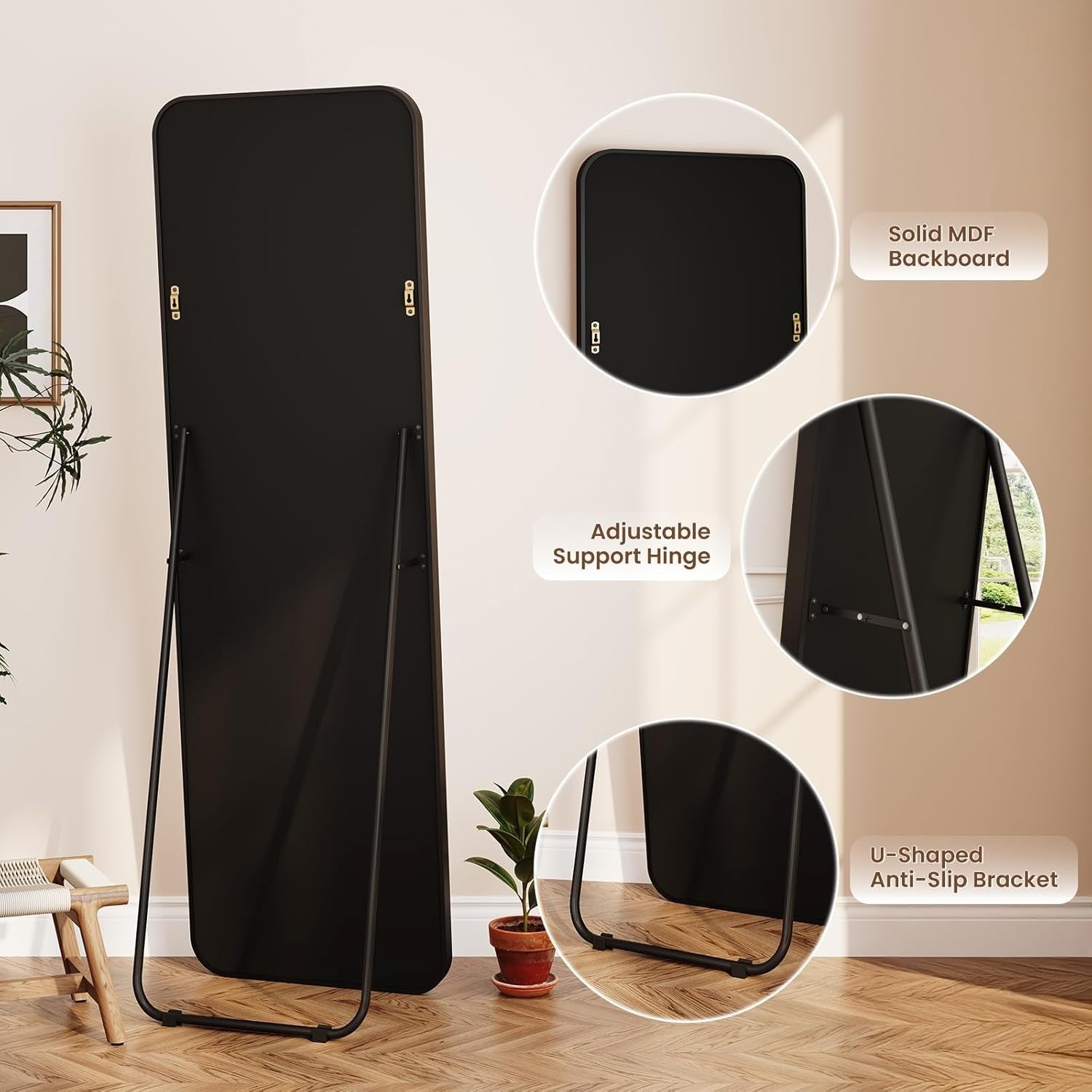 Large Full-Length Rectangular Floor Mirror 160x50cm, Rounded Corners, Freestandi