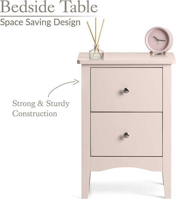 Pink 2 Drawer Bedside Table Modern MDF Nightstand | Smooth Glide Storage Unit