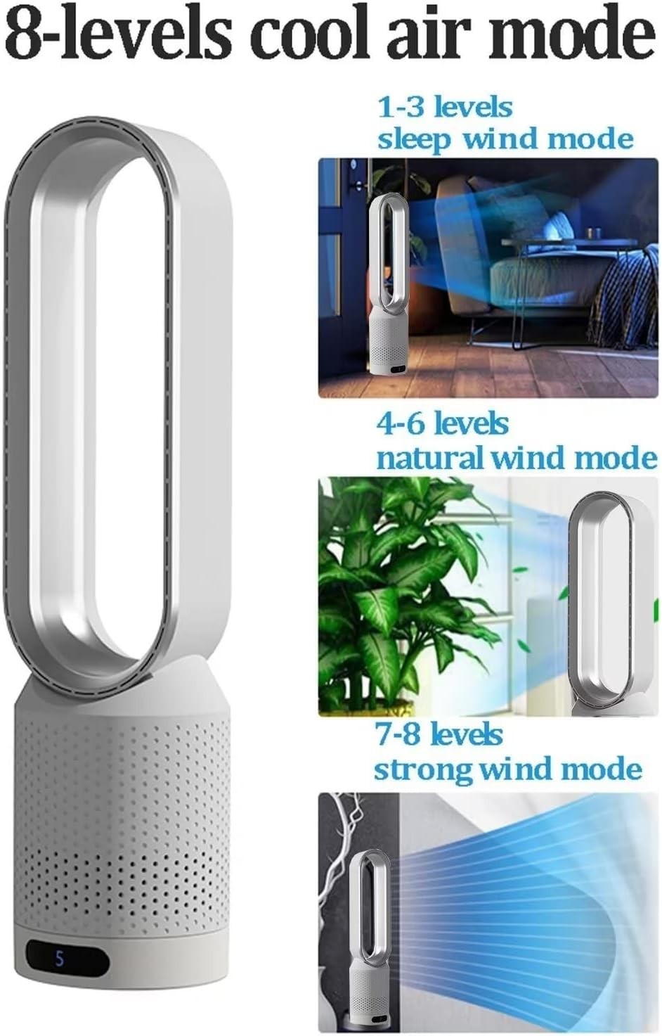 Bladeless Tower Fan 2-in-1 Air Purifier 8-Speed LED Touch Remote Control Silver