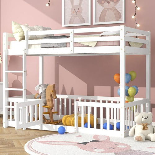 3FT White Kids Bunk Bed with Fence Door Solid Wood Frame Safety Ladder Playzone