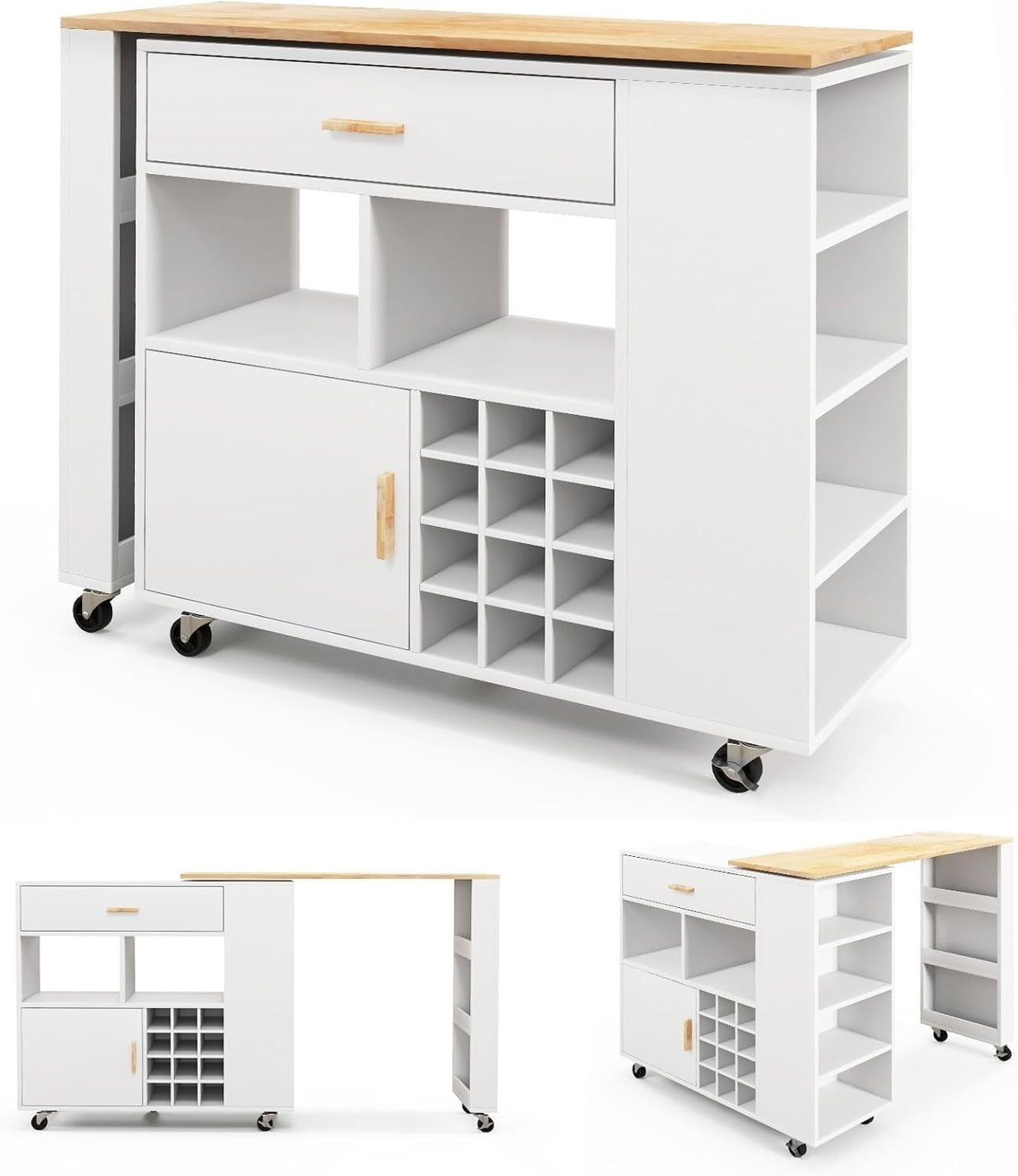 Rolling Kitchen Island Cart w/ Rotatable Worktop, Wine Rack & Adjustable Shelves