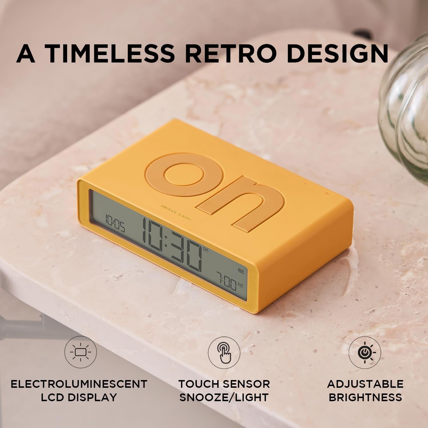 Orange Reversible Digital Alarm Clock Touch Light Snooze USB-C Rechargeable