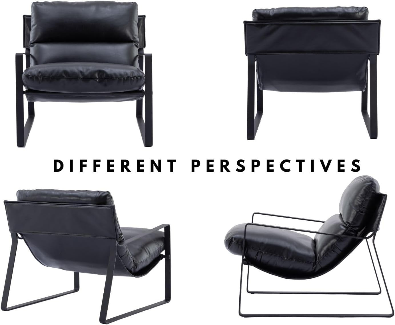 Black PU Leather Accent Chair Modern Lounge Armchair Metal Frame