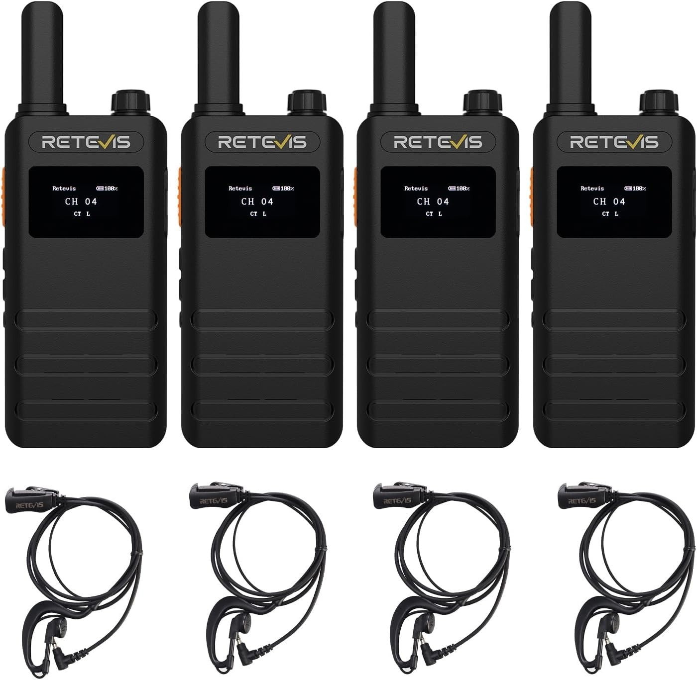 Slim Walkie Talkies 4 Pack LCD VOX USB-C Rechargeable w Earpiece