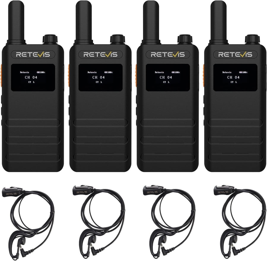 Slim Walkie Talkies 4 Pack LCD VOX USB-C Rechargeable w Earpiece