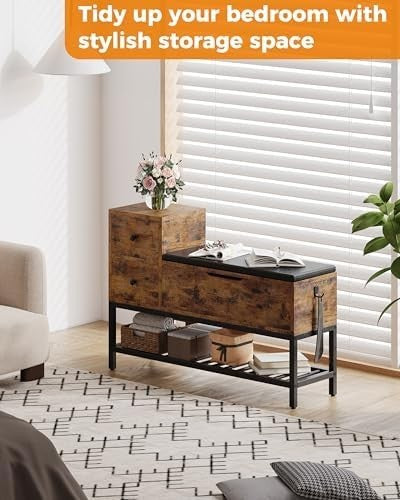 2-Tier Shoe Storage Bench with Drawers & Removable Cushion, Vintage Brown