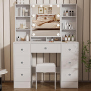 Vanity Makeup Desk 7 Drawers LED Lights Modern White Dressing Table Wood Large