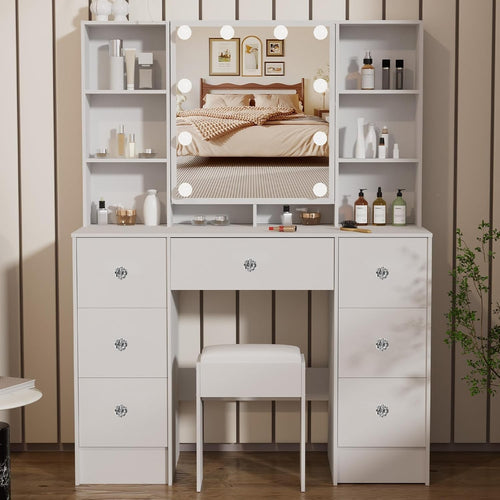 Vanity Makeup Desk 7 Drawers LED Lights Modern White Dressing Table Wood Large