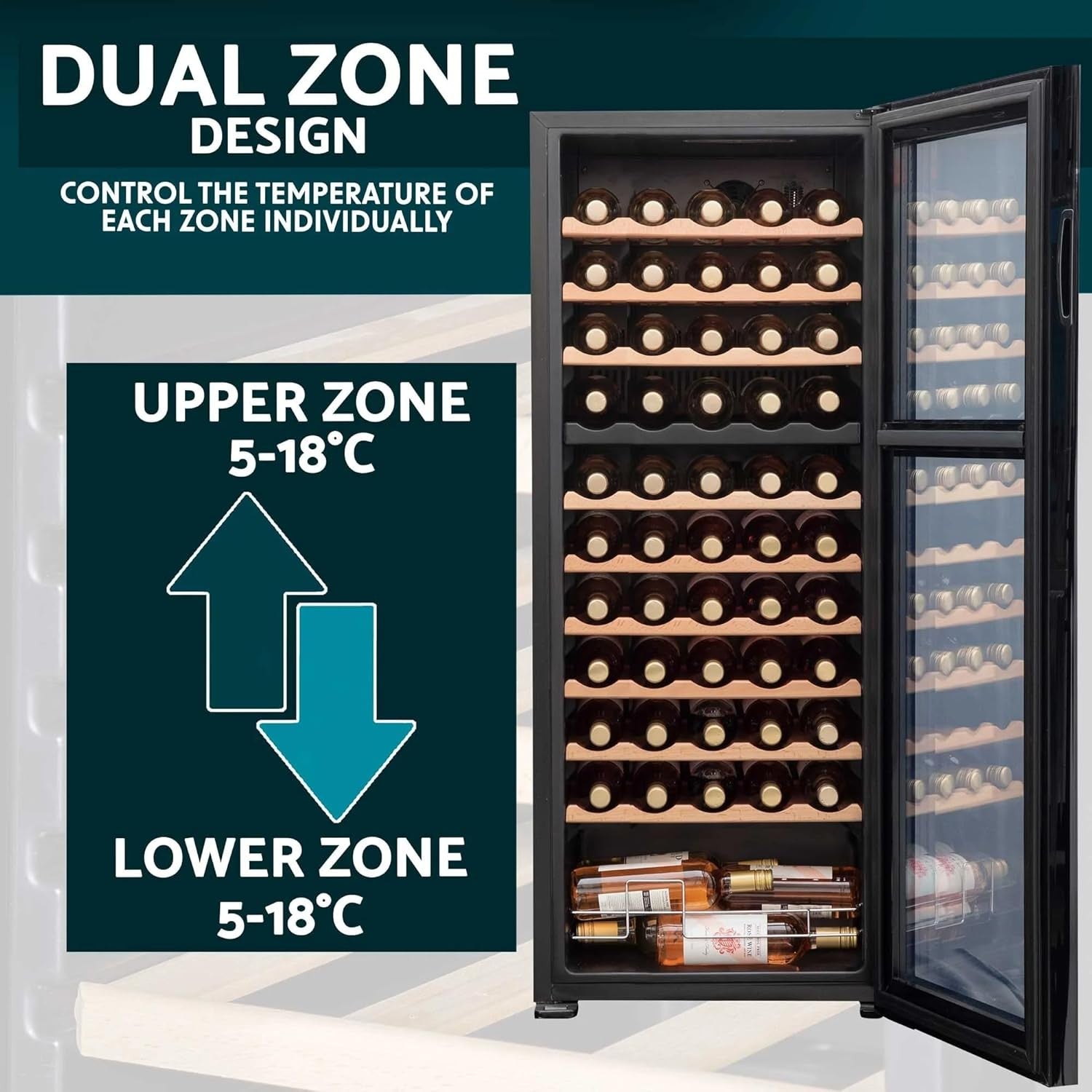 55 Bottle Dual Zone Wine Cooler Fridge Touch Screen LED Glass Door Black
