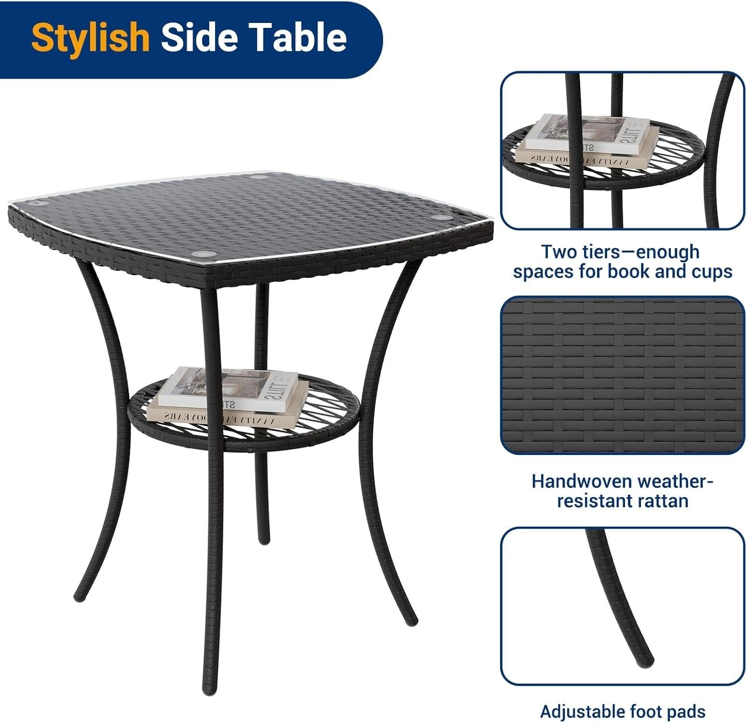 Black 3-Piece Rattan Garden Bistro Set Patio Chairs Table Outdoor Furniture