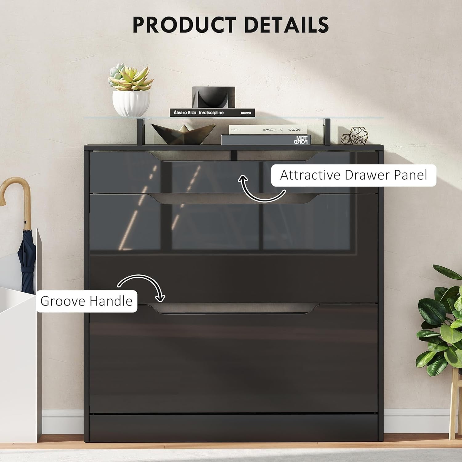 Modern Shoe Storage Cabinet – 2 Flip Doors, Drawer & Glass Top, Holds 16 Pairs